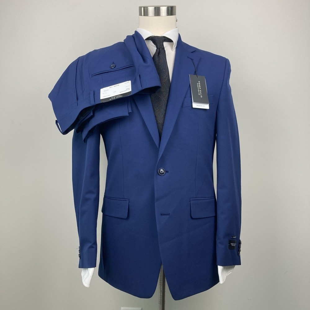 Perry Ellis Portfolio Mens Modern fit 2‎ Piece Suit 40S 33W 30L Blue Stretch - Picture 2 of 12